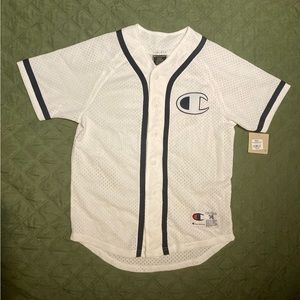 NWT mens small Champion brand button up short sleeve white and navy blue jersey